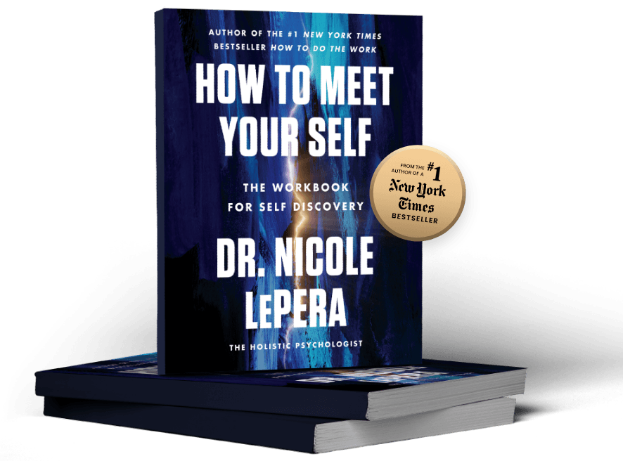 A stack of How to Meet Your Self by Dr. Nicole LePera, the top copy standing upright to show its cover